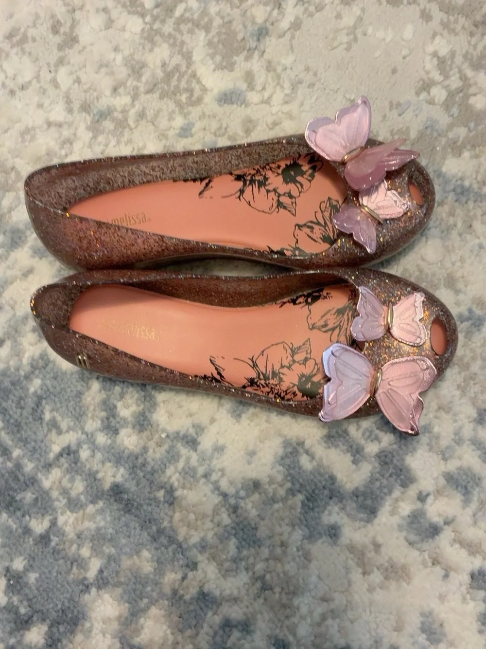 Mini Melissa Glitter Butterfly Jelly Flats – Girls Size 32 / US - Rose/Brown
